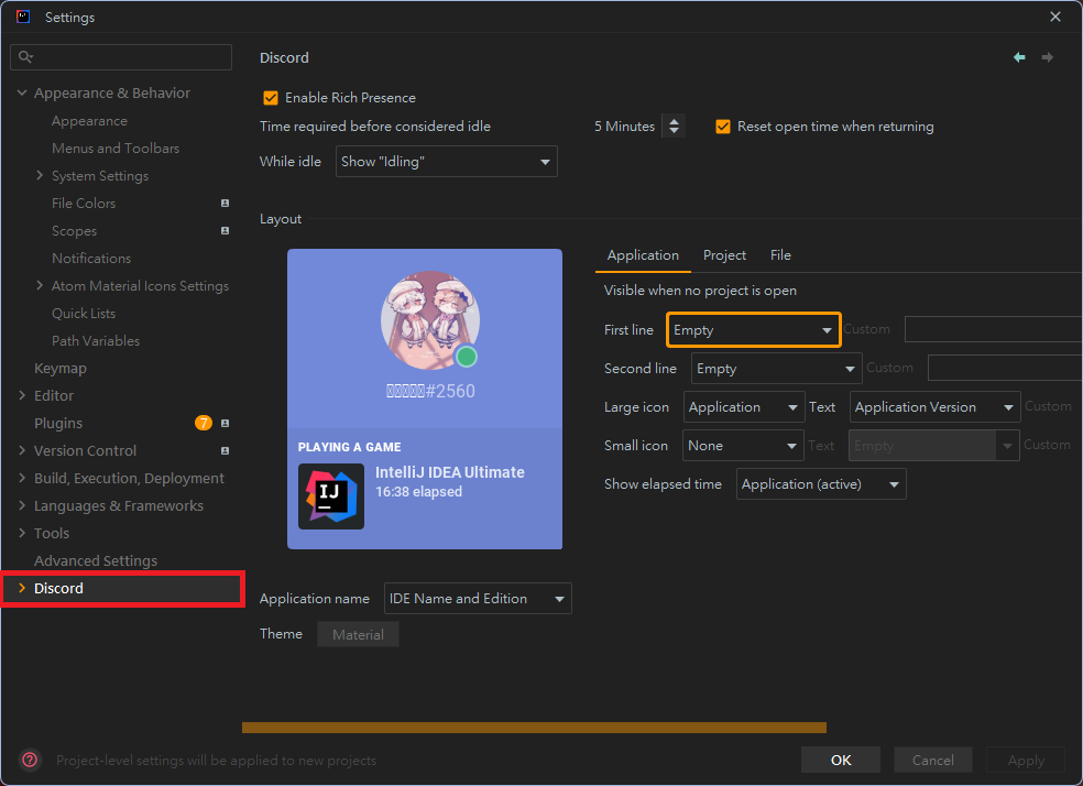 JetBrains Discord Rich Presence Settings